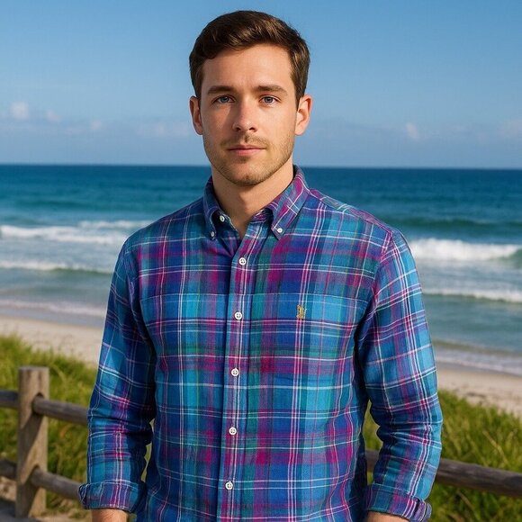 Ralph Lauren Men Shirt Size M Madras Plaid Linen Preppy Coastal Classic Y2K - Picture 3 of 9